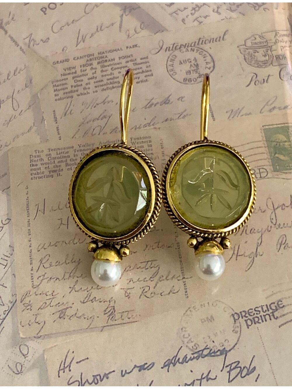 Chic Olive Green Glass & Pearl Drop Earrings with Gold Tone